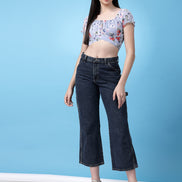Women Floral Printed Waist Tie-Up Crop Top