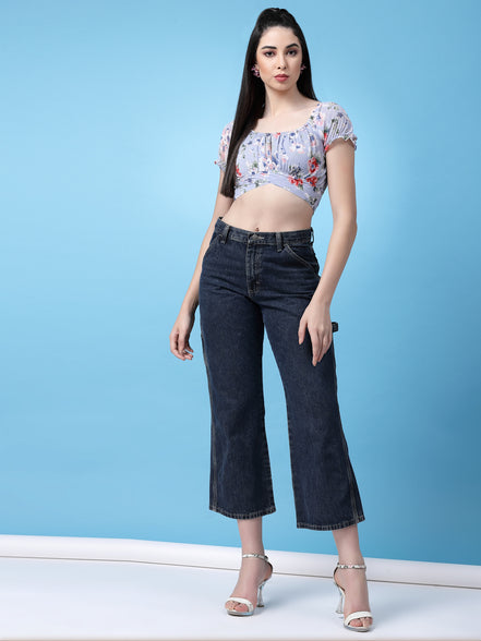 Women Floral Printed Waist Tie-Up Crop Top