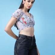 Women Floral Printed Waist Tie-Up Crop Top