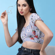 Women Floral Printed Waist Tie-Up Crop Top