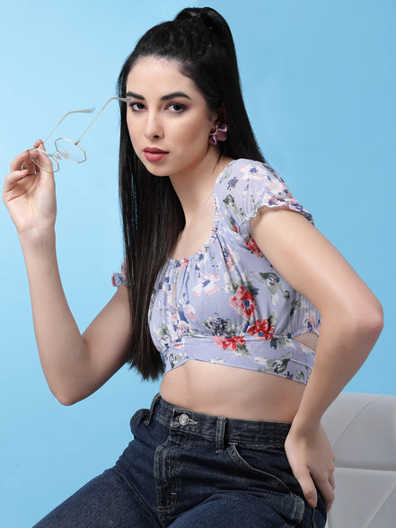 Women Floral Printed Waist Tie-Up Crop Top