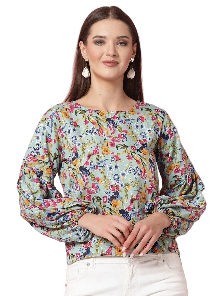 Women Floral Print Round Neck Cuffed Sleeves Top