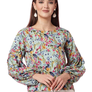 Women Floral Print Round Neck Cuffed Sleeves Top