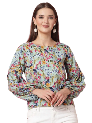 Women Floral Print Round Neck Cuffed Sleeves Top