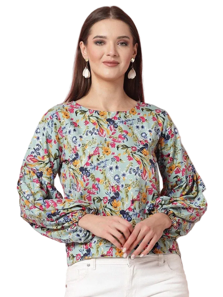 Women Floral Print Round Neck Cuffed Sleeves Top