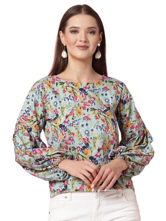 Women Floral Print Round Neck Cuffed Sleeves Top