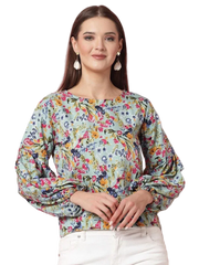 Women Floral Print Round Neck Cuffed Sleeves Top