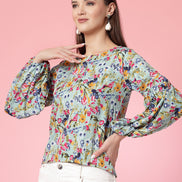 Women Floral Print Round Neck Cuffed Sleeves Top