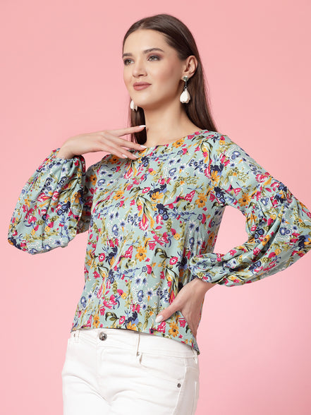 Women Floral Print Round Neck Cuffed Sleeves Top