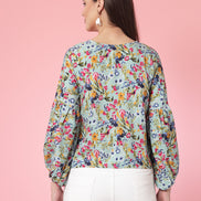 Women Floral Print Round Neck Cuffed Sleeves Top