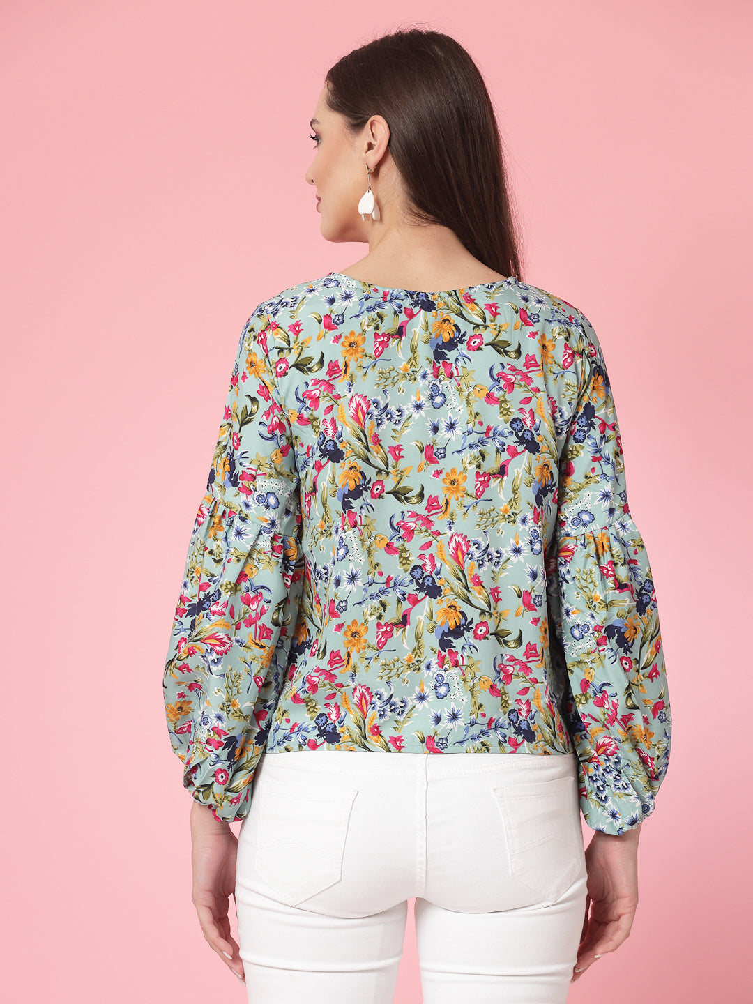 Women Floral Print Round Neck Cuffed Sleeves Top