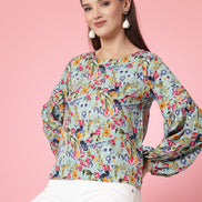 Women Floral Print Round Neck Cuffed Sleeves Top