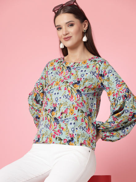 Women Floral Print Round Neck Cuffed Sleeves Top
