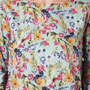 Women Floral Print Round Neck Cuffed Sleeves Top