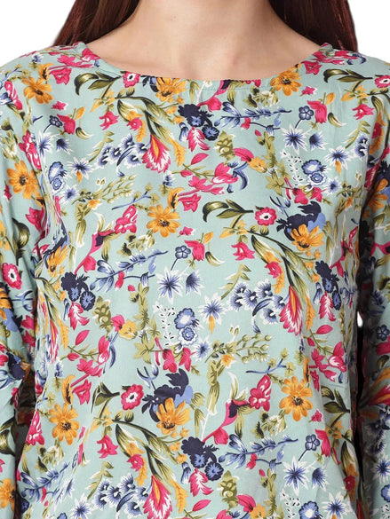 Women Floral Print Round Neck Cuffed Sleeves Top