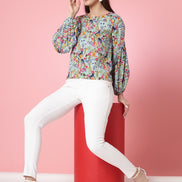 Women Floral Print Round Neck Cuffed Sleeves Top