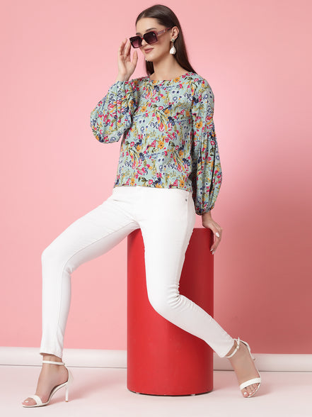 Women Floral Print Round Neck Cuffed Sleeves Top