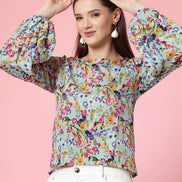 Women Floral Print Round Neck Cuffed Sleeves Top