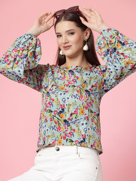 Women Floral Print Round Neck Cuffed Sleeves Top