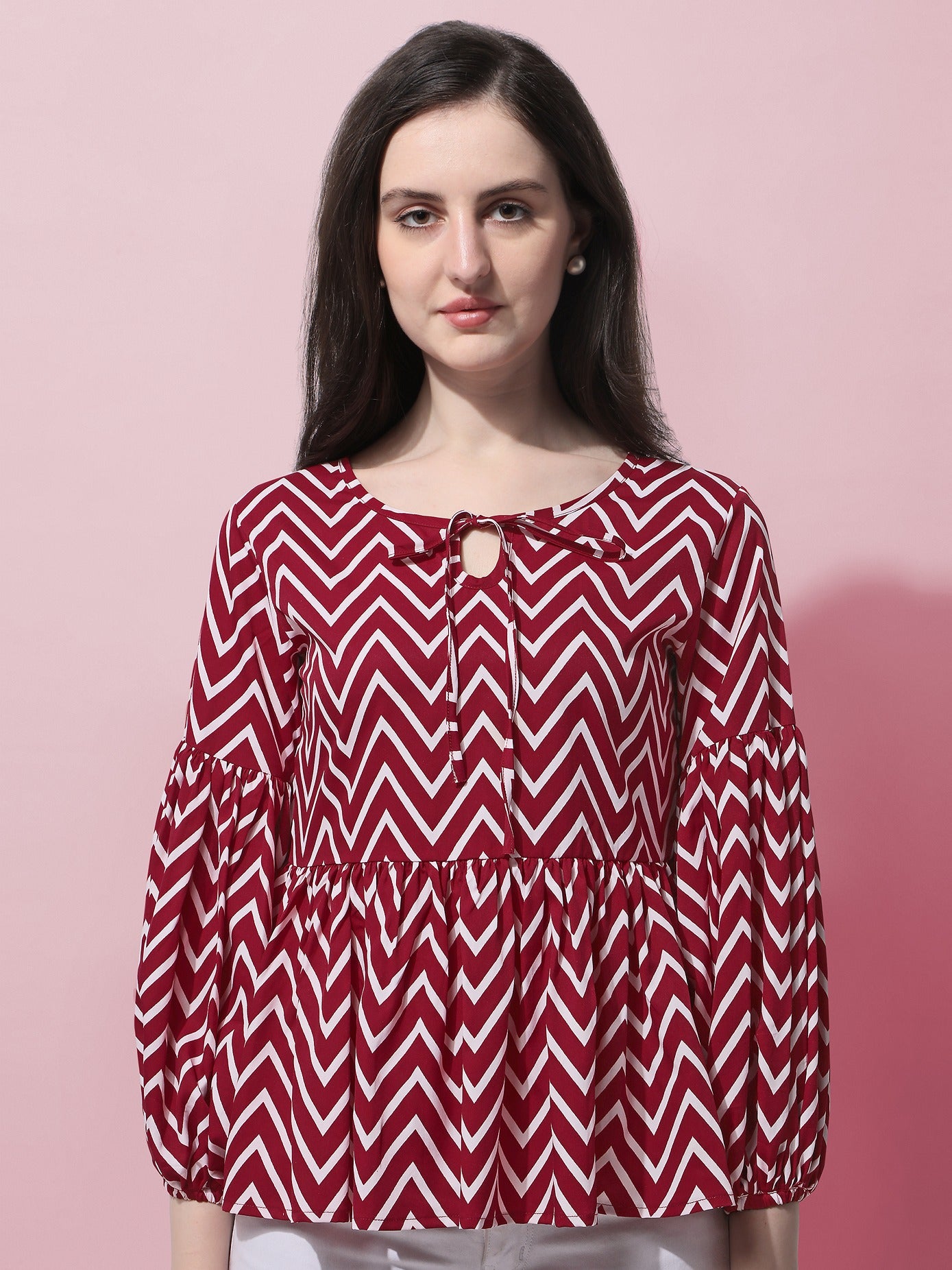 Casual Balloon Sleeve Red Top